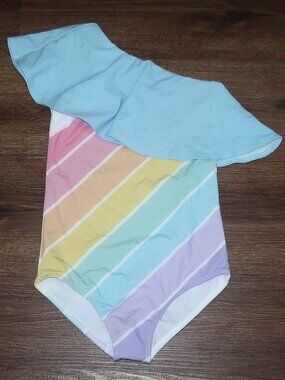 NWOT Saint Ida Girls Swimsuit Candy Rainbow One Shoulder Ruffled One Piece sz 9